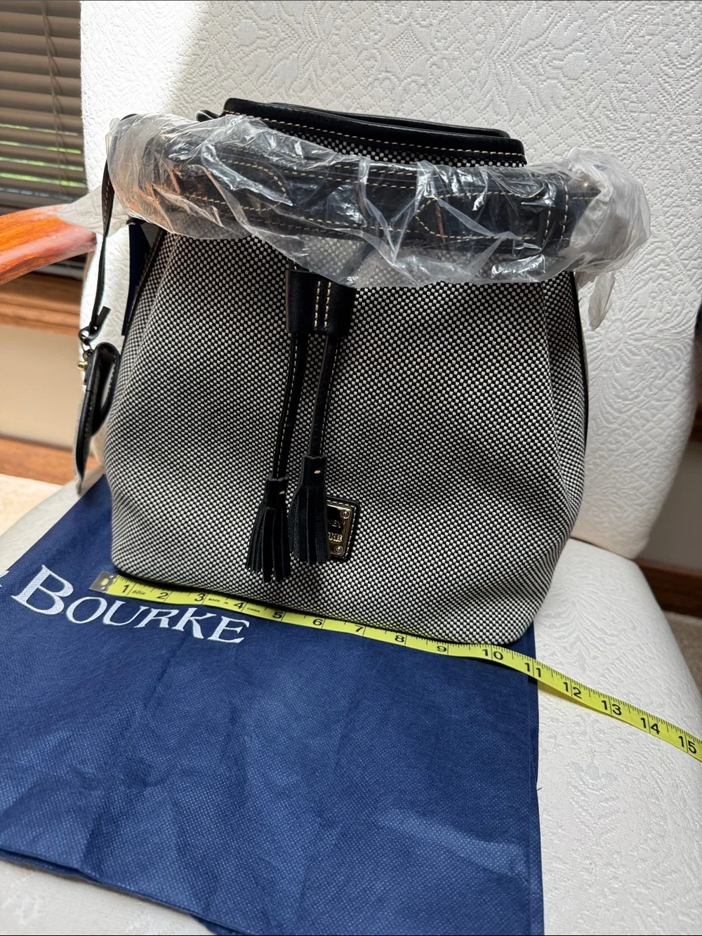Black & White Textured fabric Bucket Bag with Tassel Drawstring NWT